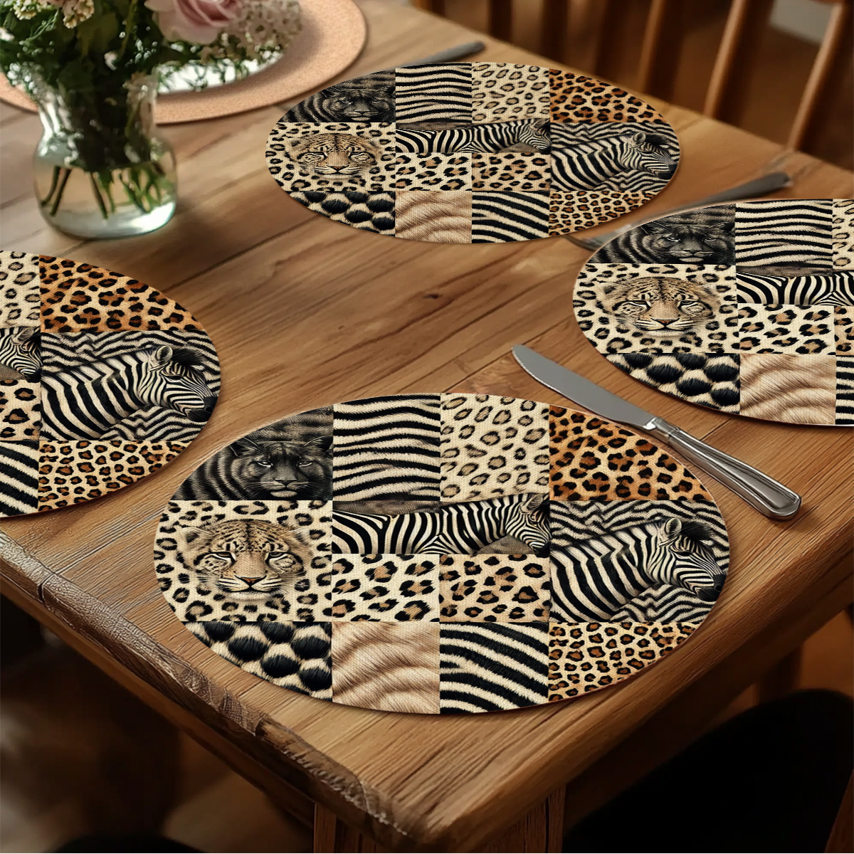 E-shop 4er-Set Tischsets mit Tiermuster - Leoparden- und Zebra-Muster, hellgoldene runde Platzsets, geeignet für tägliche