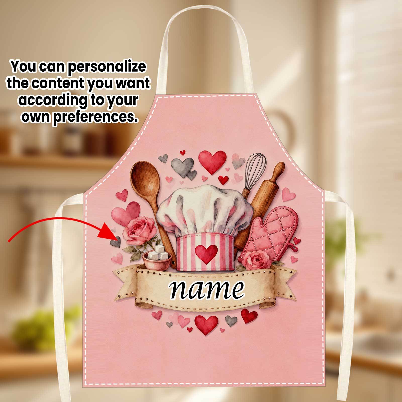TEMU 1pc Personalized Chef Apron Custom Name/text & Chef Print With Pink Kitchen Utensils & Hearts - Suitable For Baking, Cooking Gifts, Apron For
