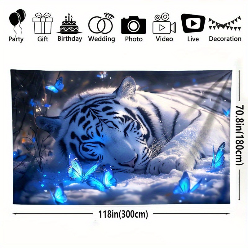 TEMU 1 tapisserie représentant un tigre blanc reposant parmi des papillons , avec une scène hivernale de la nature et une esthétique animale. Cette