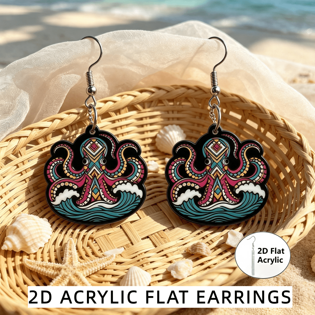 2D Flat Vibrant Ethnic Tribal Printed Octopus Dangle Earrings