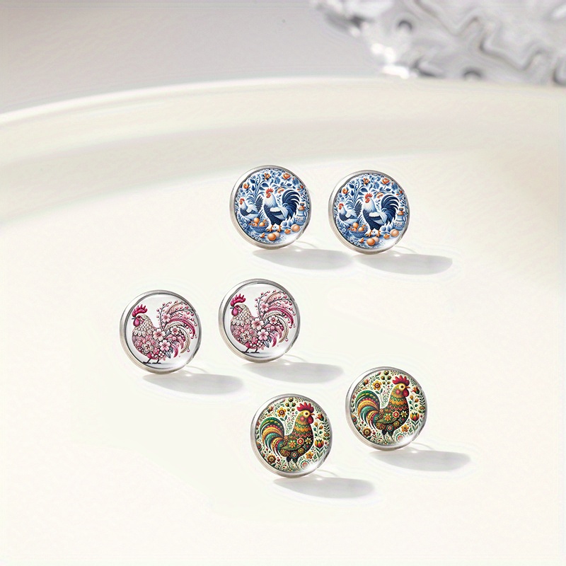 E-shop 3 Paar Hahn Blumen Gemalte Runde Glas Edelstahl Ohrstecker Schmuck Geschenke