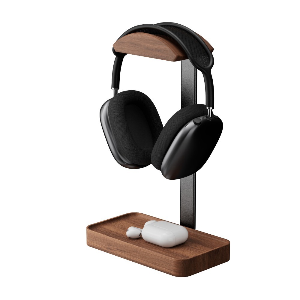 Image of Palo Wood Earphone Stand With Storage Tray, Aluminum Alloy Universal Headphone Hanger, Easy Desktop Headphone Organizer, Non-slip Base Suitable For Gaming, Office, Home, Studio Desktop Storage