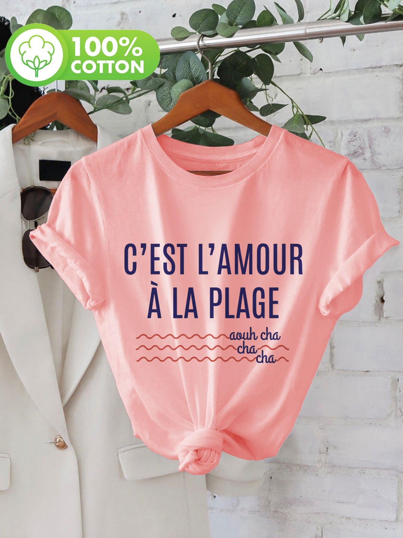 haut dété décontracté pour femmes   vintage français, avec des   ondulés et une police manuscrite, imprimé avec       sur un t-shirt rond à manches courtes [ling k]