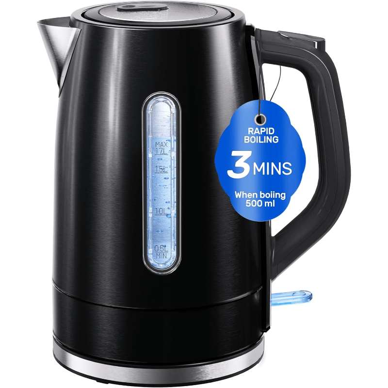 TEMU Electric Kettle - 1.7l Black Stainless Steel Kettle, 2200w Fast Boiling Kettle With Safety Features For Boil-dry And Overheating, Quickly Water