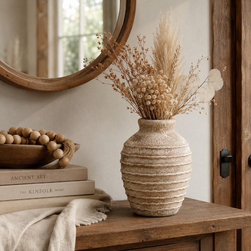 TEMU Petit vase rustique pour fleurs séchées et artificielles - Vase rond de style ferme avec pot de fleur décoratif texturé et vintage pour étagère,