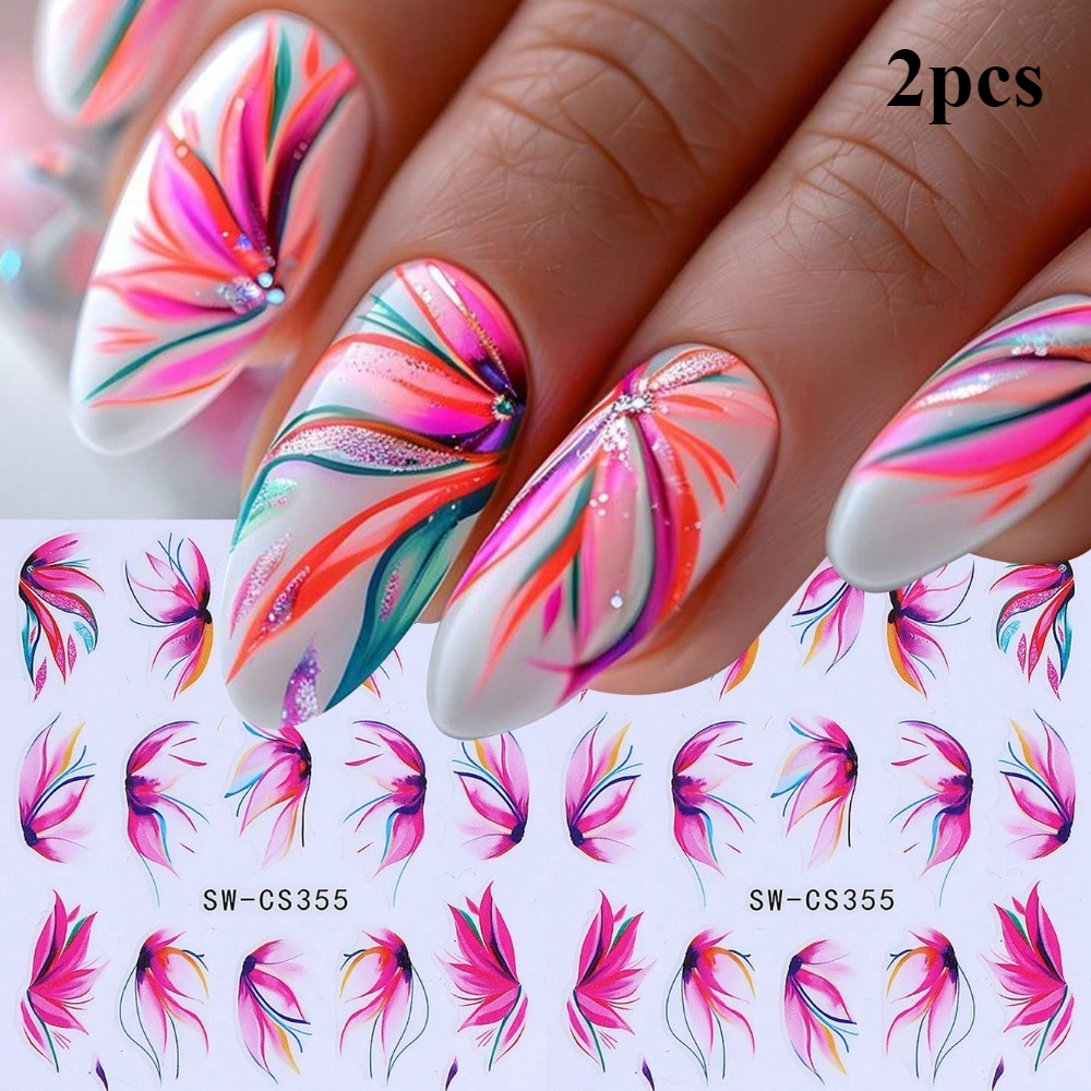 Image of 2pcs Tropical Floral Nail Stickers, Pink Petal Nail Decals, Vibrant Flowers, Self-adhesive Design, Nail Decorations, Nail Additions For Summer Vacations
