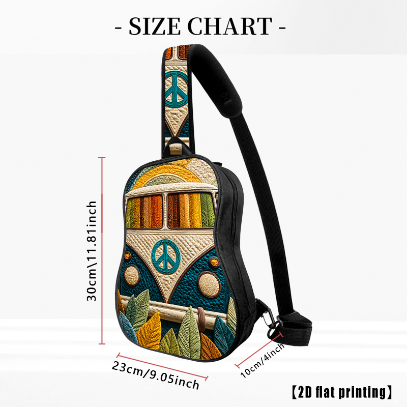 Quilted Peace Van, Bolso bandolera, Mochila de senderismo, Bolso de pecho, Correa de hombro ajustable, Gran capacidad, Adecuado para ciclismo y senderismo al aire libre para hombres y mujeres