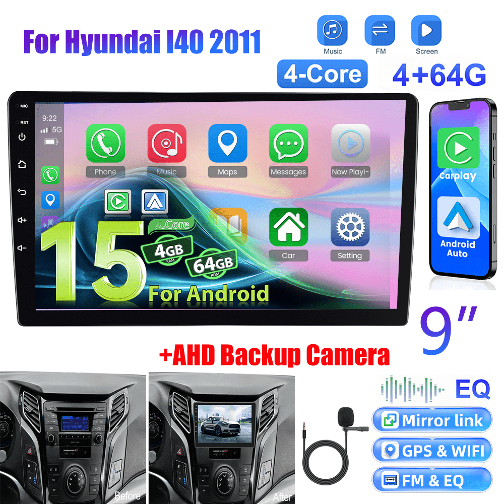 15 Car Stereo With 4+64g For The 2011 For I40, Featuring A 9-inch 1280p Ips Touchscreen, , Auto, Ai Dsp, Fm, Rds, 32eq, Wireless, Gps, Wifi, Steering Wheel Control, Microphone, And Ahd Backup Camera