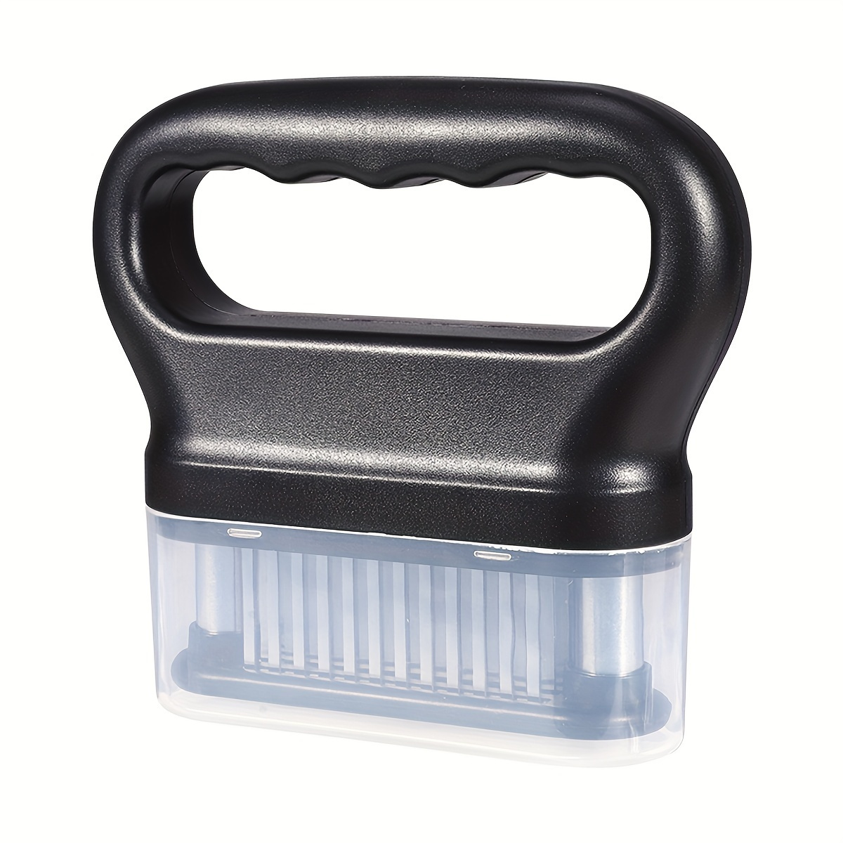 A Stainless Steel Meat Tenderizer With 48 Needle Tips, Featuring A Black Polypropylene Handle, Ideal For Tenderizing, Grilling, And Marinating Meats.