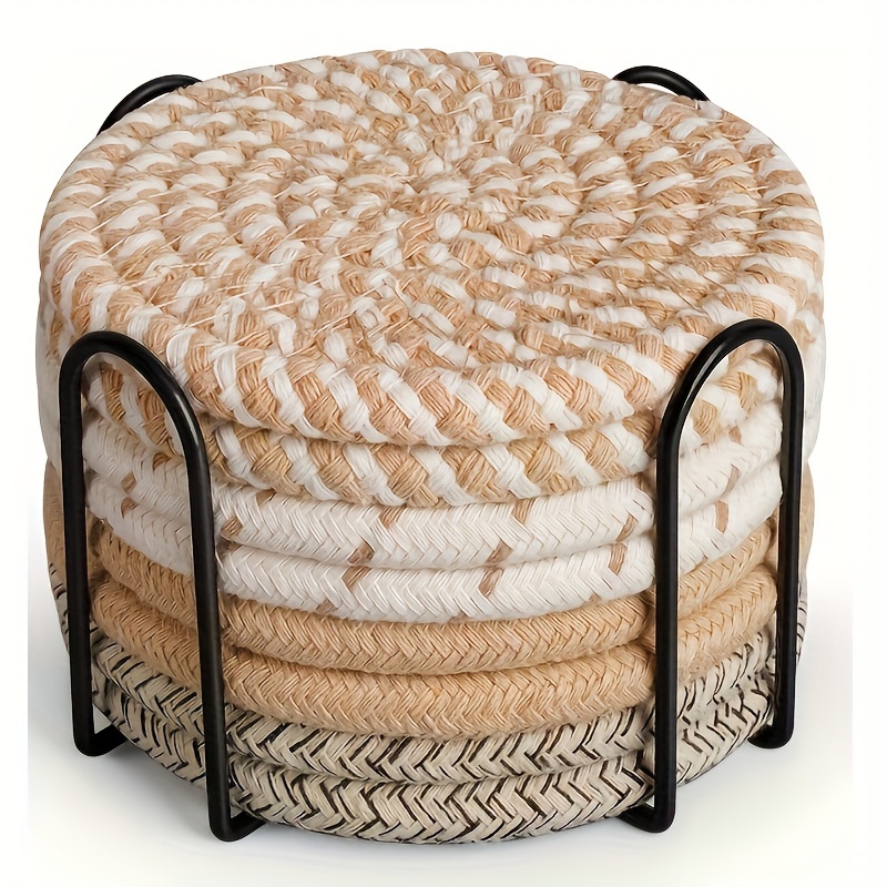 TEMU 6pcs/9pcs Set In Random Colors, Simple Woven Absorbent Coaster Set, Heat-resistant Trivet Coasters With A Stand For , Kitchen Supplies, Kitchen