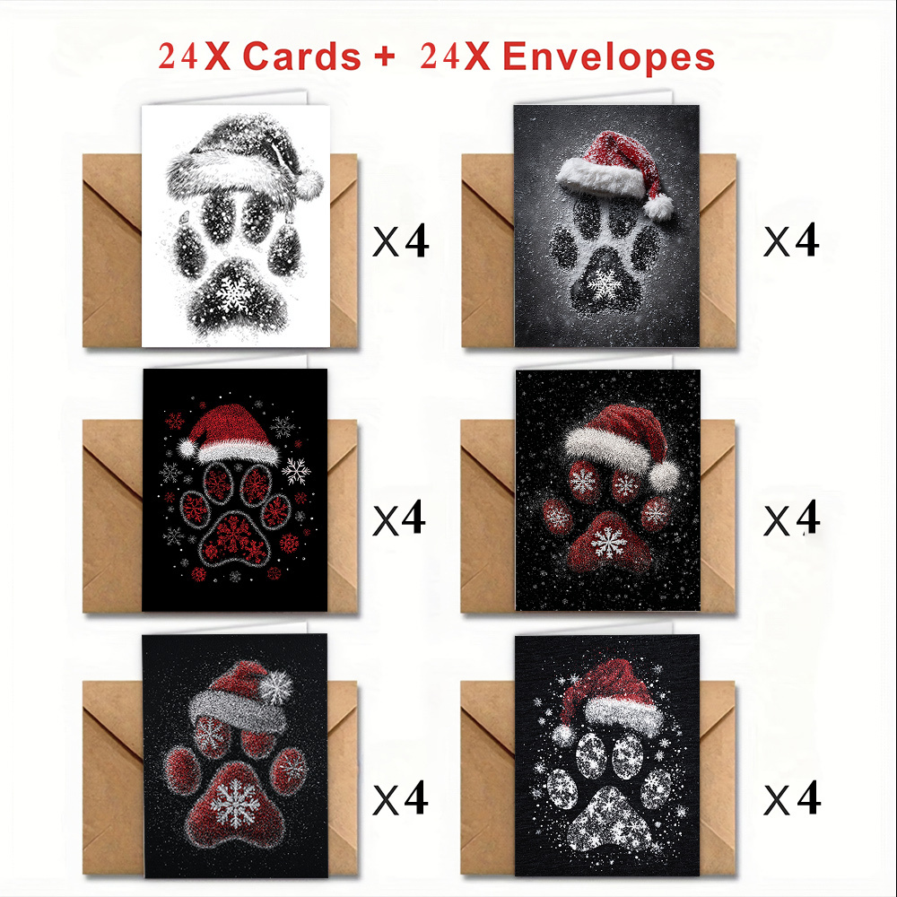 TEMU 12pcs/24pcs/48pcs Christmas Dog Paw Print Pattern Greeting Cards, 6 Different Element Sets (with Envelopes) Are Suitable For Christmas Festival