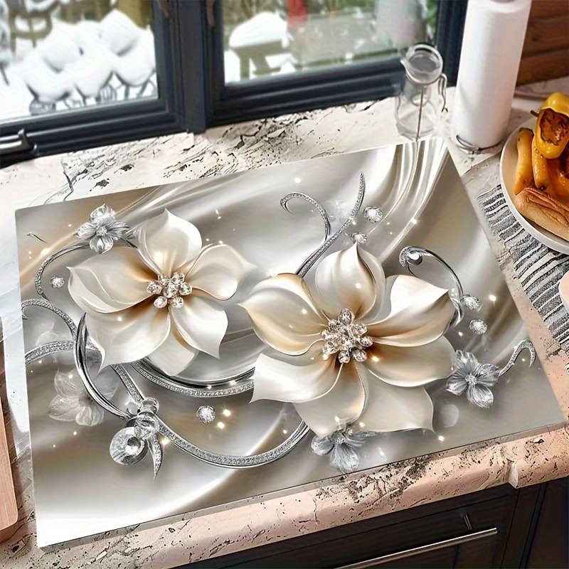 TEMU 1pc Luxurious Floral Absorbent Mat - Non-slip Kitchen Counter Mat, Elegant , Absorbent And Easy-to- And Dish Drying Mat, Decorates Dishwashers