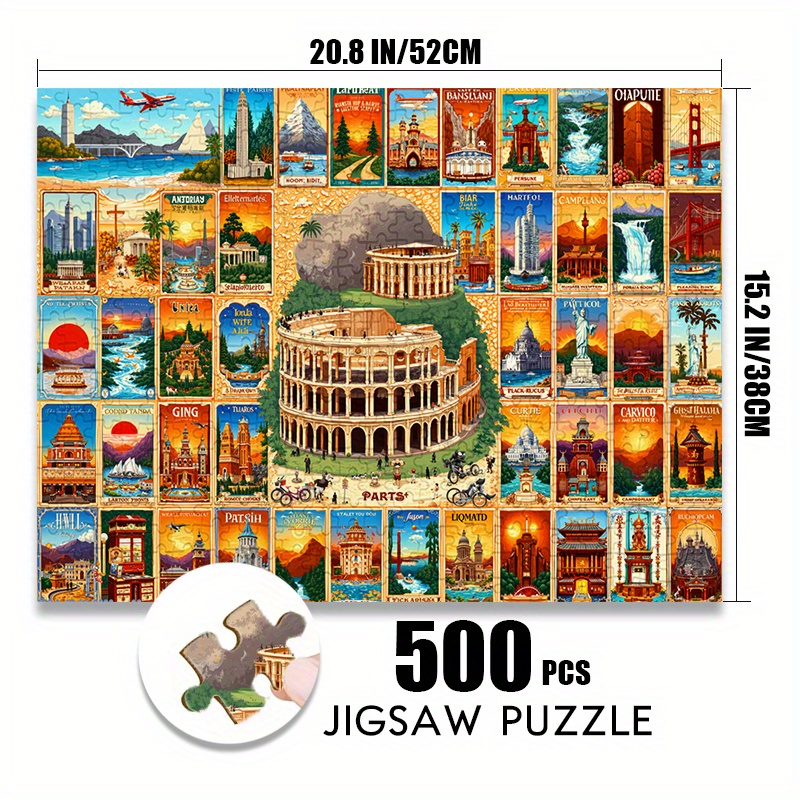 500/1000pcs Vintage World Landmarks Map Jigsaw Puzzle, Interactive Game