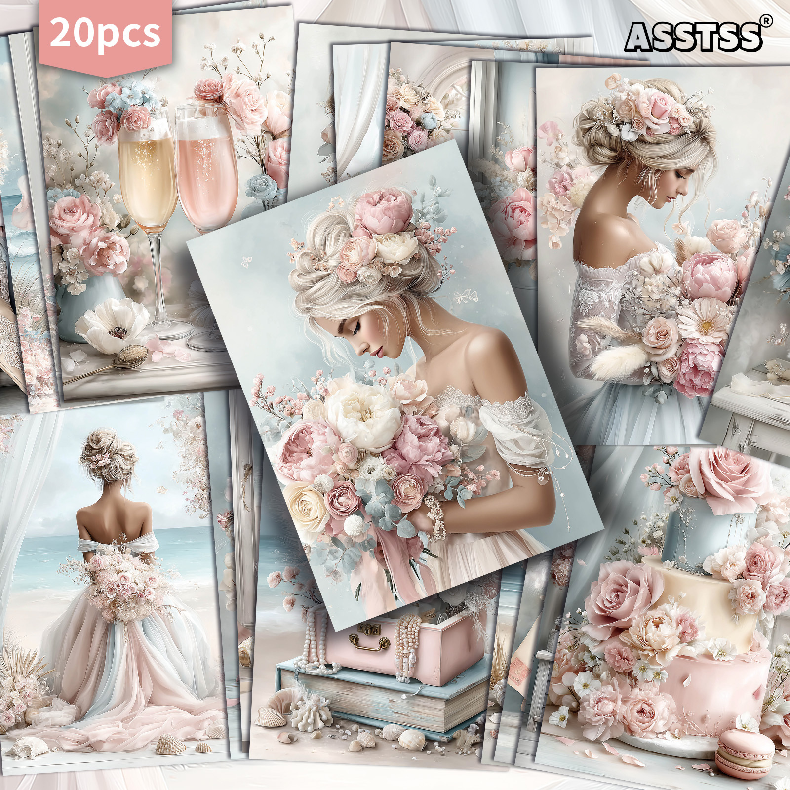 20-pack Asstss Summer Wedding, Bride, Wedding Cake Postcards - 4x6 Inches Retro Junk Journal Supplies, Classic Pinup…: retailer-supplied image