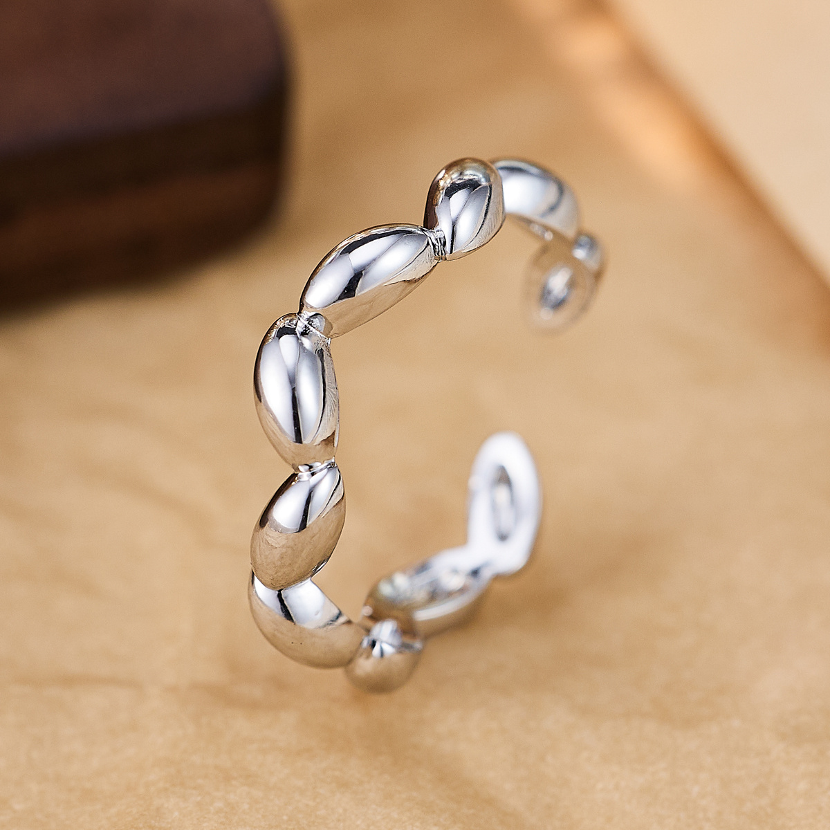Women's Adjustable Chain Oval Bead Open Ring, Minimalist Style