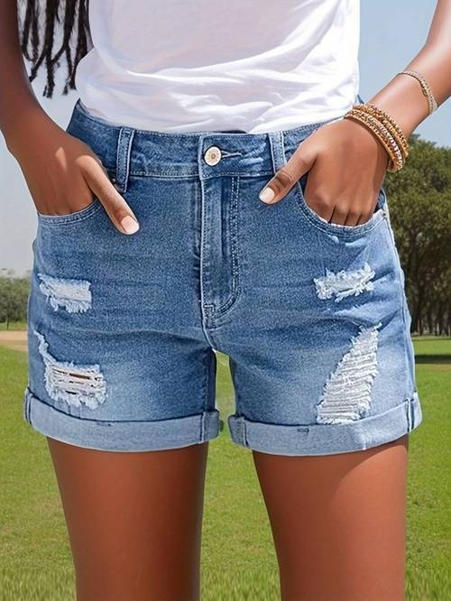 womens high shorts breathable blue ripped jeans with rolled hem casual summer style stretchable denim fabric distressed summer shorts distressed denim shorts fashionable denim shorts