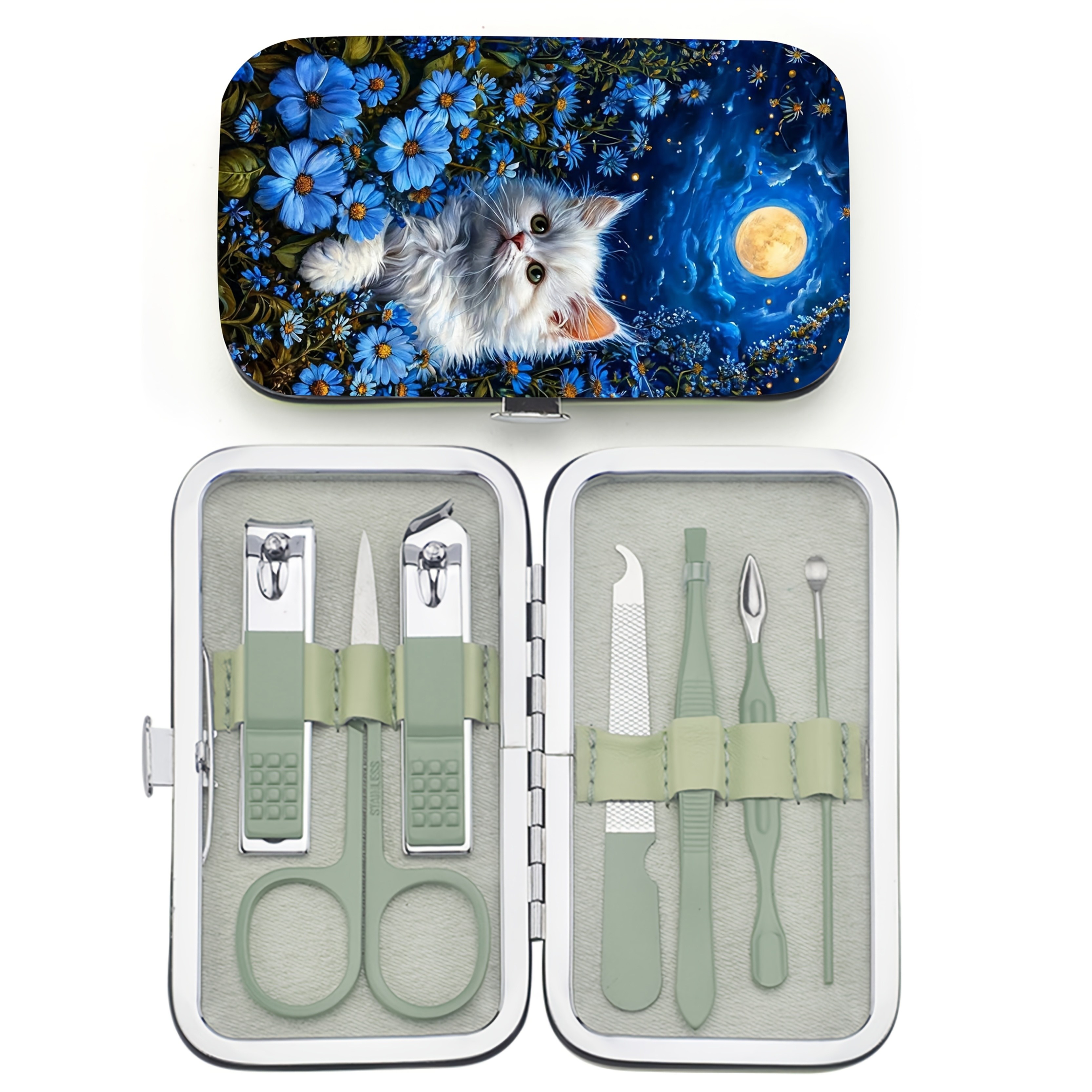 TEMU Painting Kit 1pc White Cat Theme Pattern Diamond Sticker Nail Art Set, Irregular Nail Storage Box With Faux Leather Bag