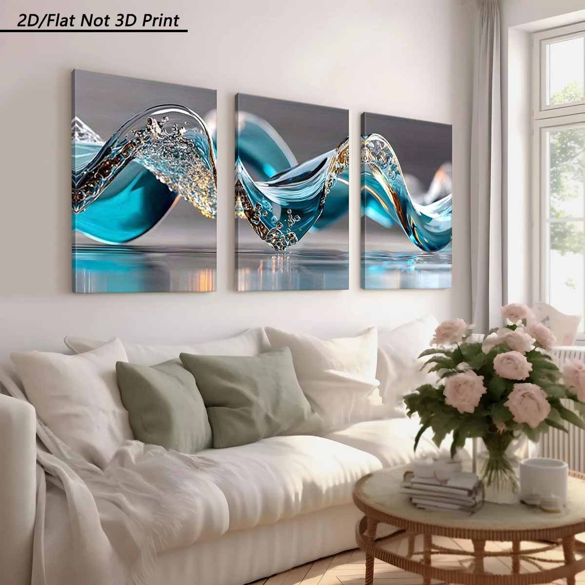 TEMU Plat 2D, 3 pièces d'art mural moderne à de mer verticales et bleues - Toiles sur châssis en bois épais tendues, adaptées pour la décoration de