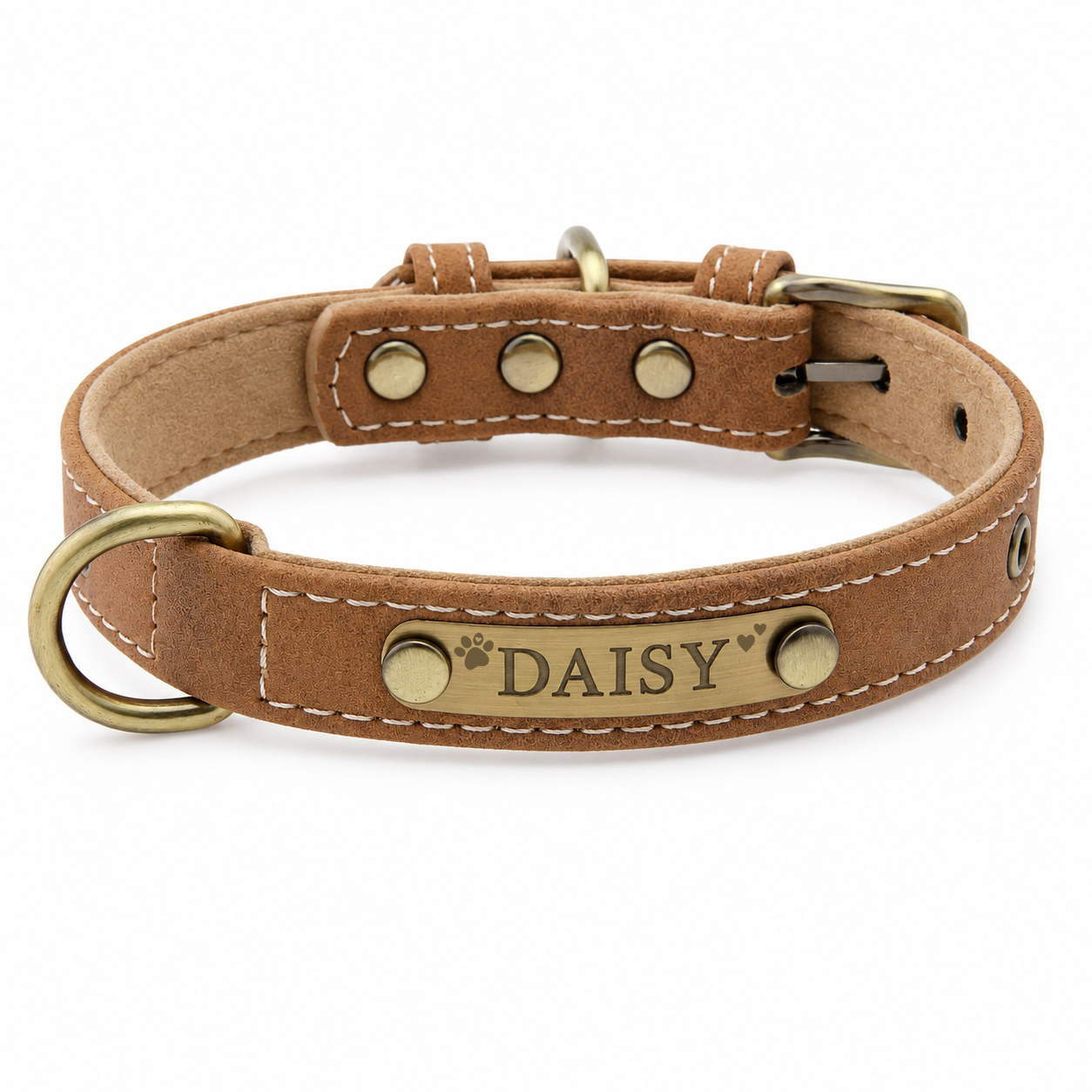 TEMU Personalized Engraved Id Tag Faux Leather Dog Collar With Heart Paw Print Design Adjustable Pet Collar For Small Medium Dogs Cats Breathable