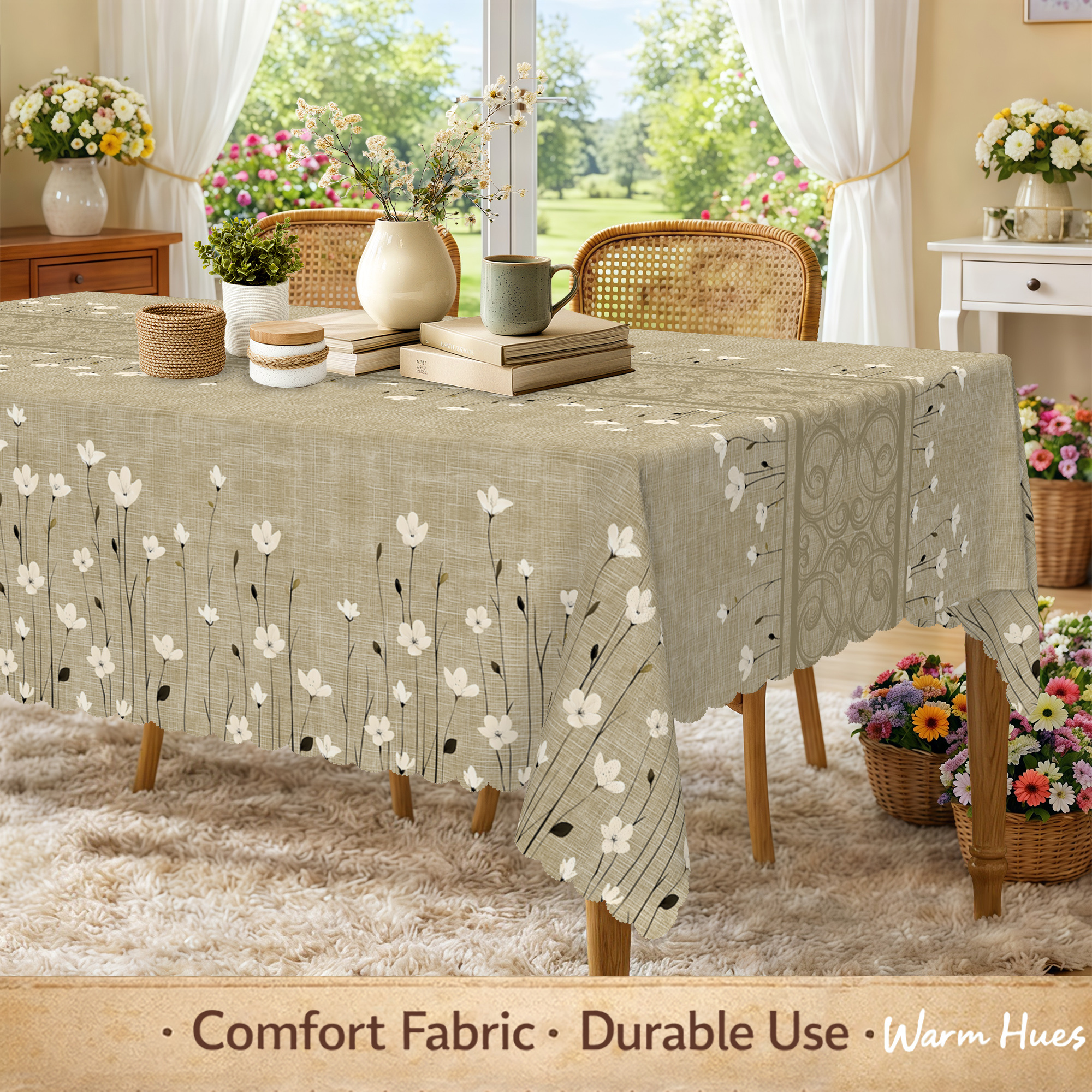 TEMU 1pc Easy Scandinavian Style Japanese Korean Style Tablecloth, Durable, Vintage White Floral Pattern, Brown Background, Suitable For Countryside
