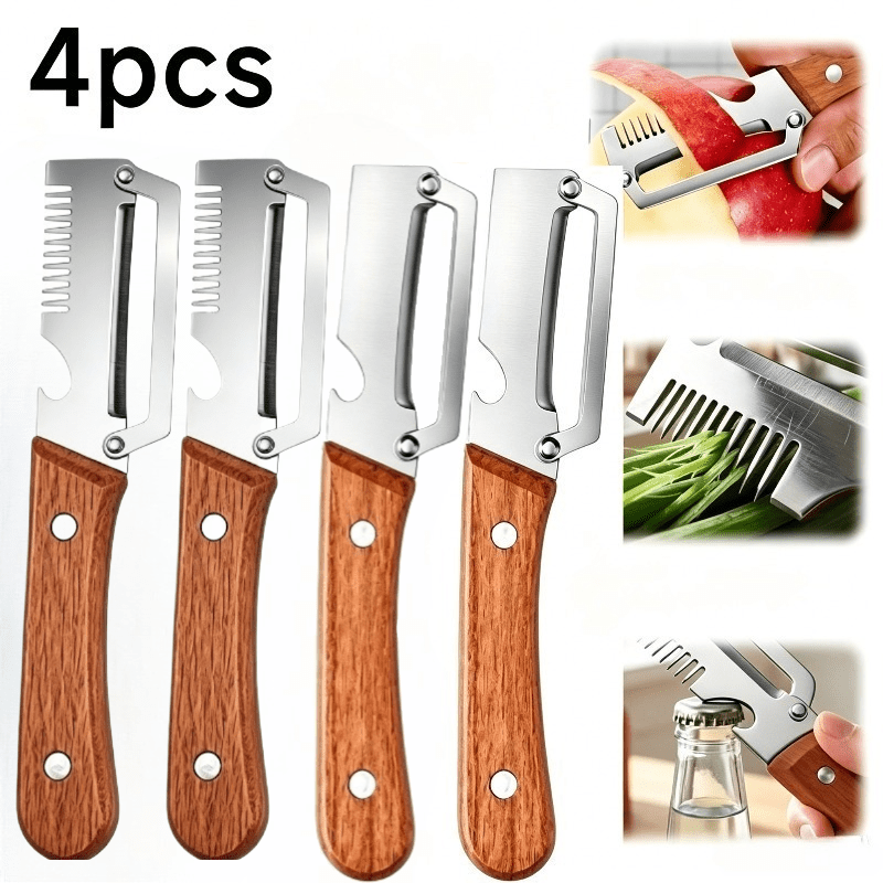TEMU 4pcs Set Of Heavy-duty 3-in-1 Stainless Steel Peelers And Slicers, With Bottle Opener And Straight Blade Design. Suitable For Sugarcane, Fruits,