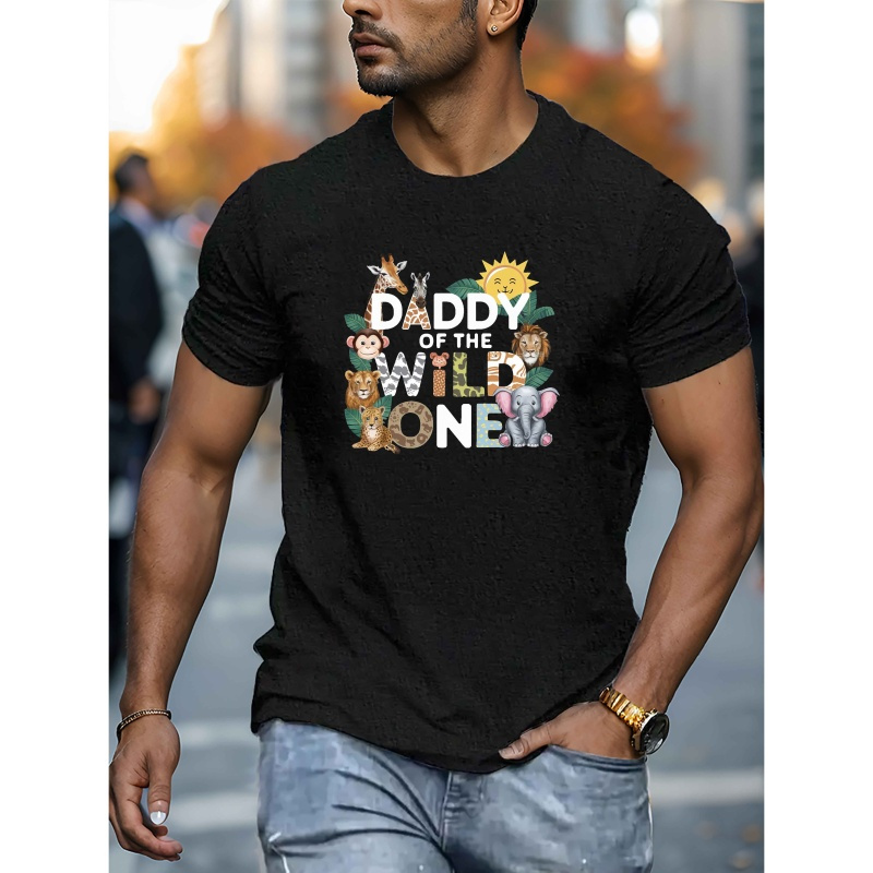 

Men's "daddy Of " Graphic Tee, Casual Crew Neck Short Sleeve T-shirt, 100% Polyester Knit Fabric, Stretch, Regular Fit, Summer Season - Geometric