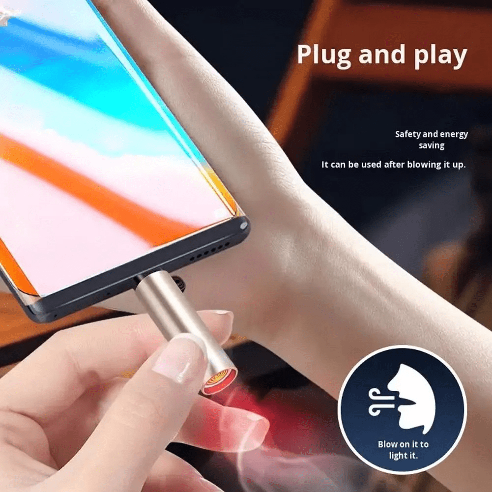 Blowing It I Elektrischer Feuerzeug USB C, Outdoor Tragbares Windfestes Feuerzeug für Handy, Einstecken Blasen zum Betrieb, Automatische Abschaltung nach 10 Sekunden, Kein Aufladen Nötig, NUR für Smartphones mit USB-C Anschluss