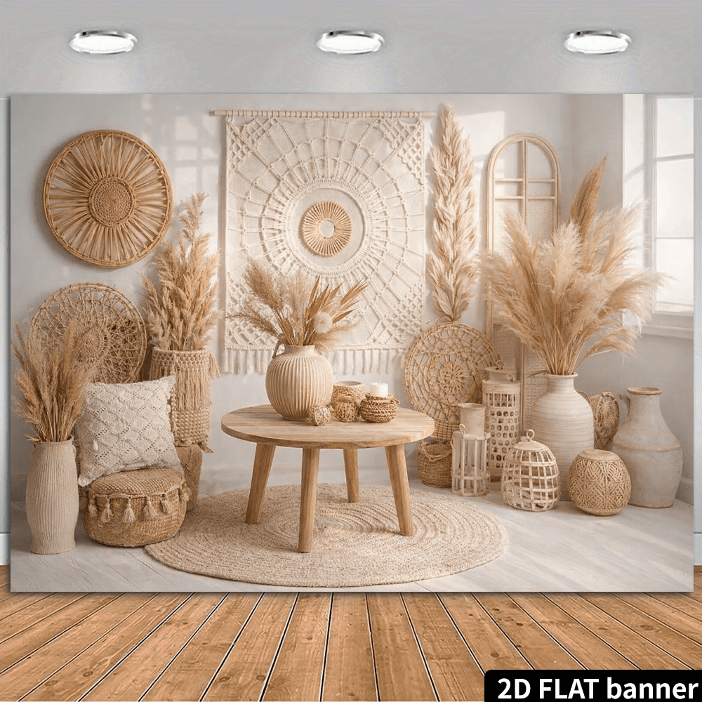 Fondo de sala de estar estilo Wabi-Sabi 2D con tapiz tejido a mano y decoración de pared circular de paja. Combinado con faroles de ratán, ramos de caña, jarrones de cerámica y una mesa baja de madera, el diseño general presenta tonos cálidos beige y madera natural. Acentuado con una alfombra suave