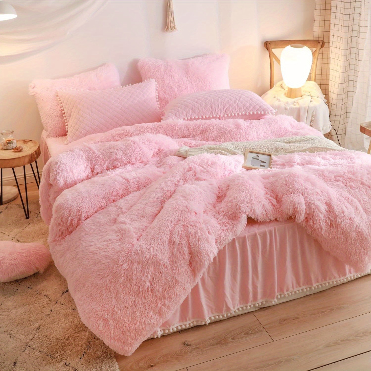 fluffy soft comforter cover queen set   fur bedding sets full queen king 3 pieces1 plush duvet cover 2 shaggy pillowcases fuzzy pink bed set plush duvet cover set bed sheets details 4