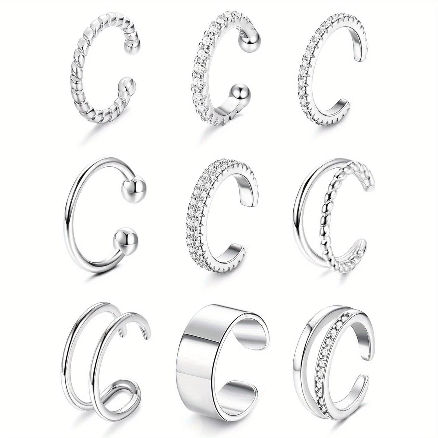 E-shop 8/9-teiliges elegantes CZ Ohrbügel-Ohrring-Set für Damen, 14K vergoldenet, Ohrclips ohne Piercing, Knorpel-Clip-Ohrbügel, falsche Ohrringe,