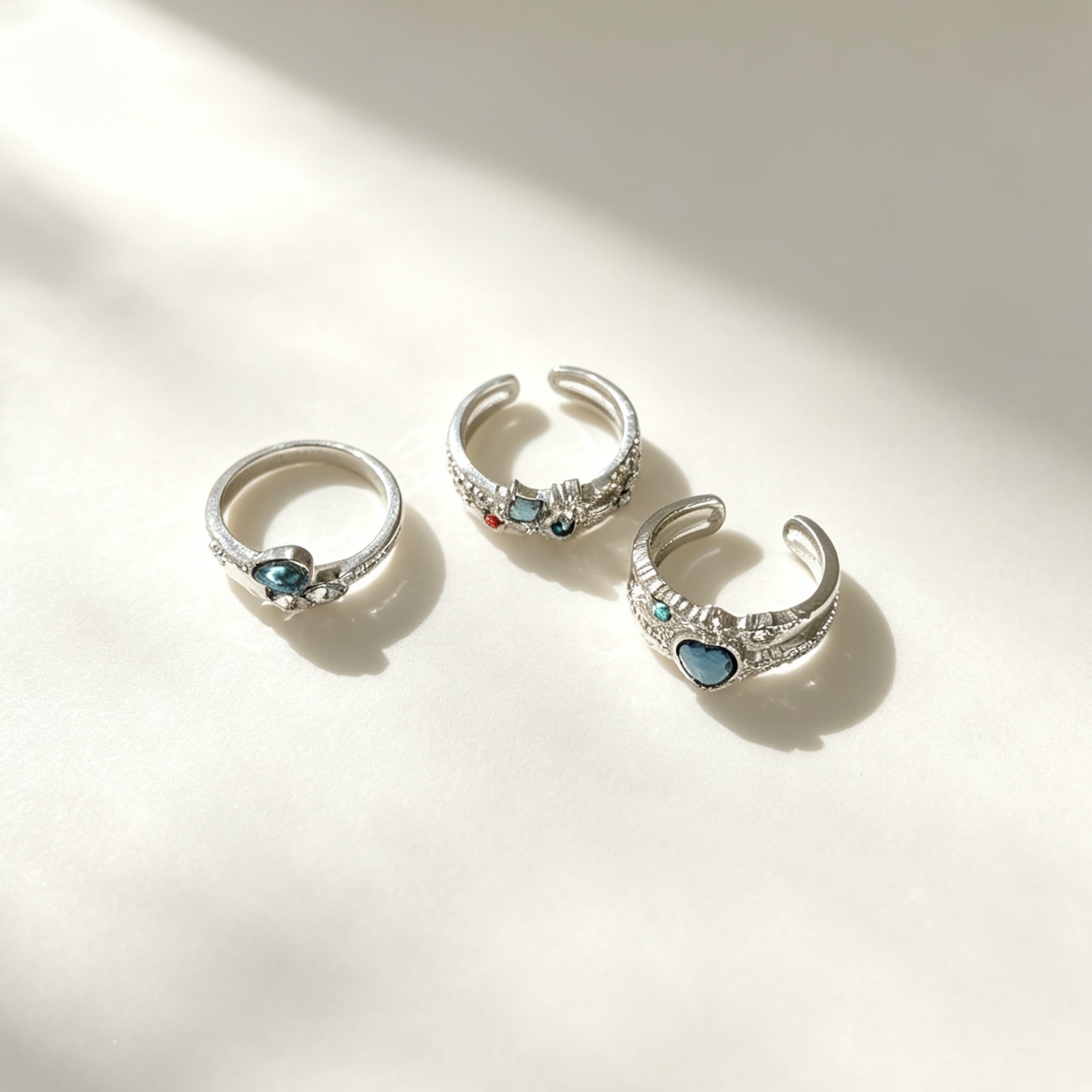 3pcs Blue Heart-Shaped Adjustable Ring Set