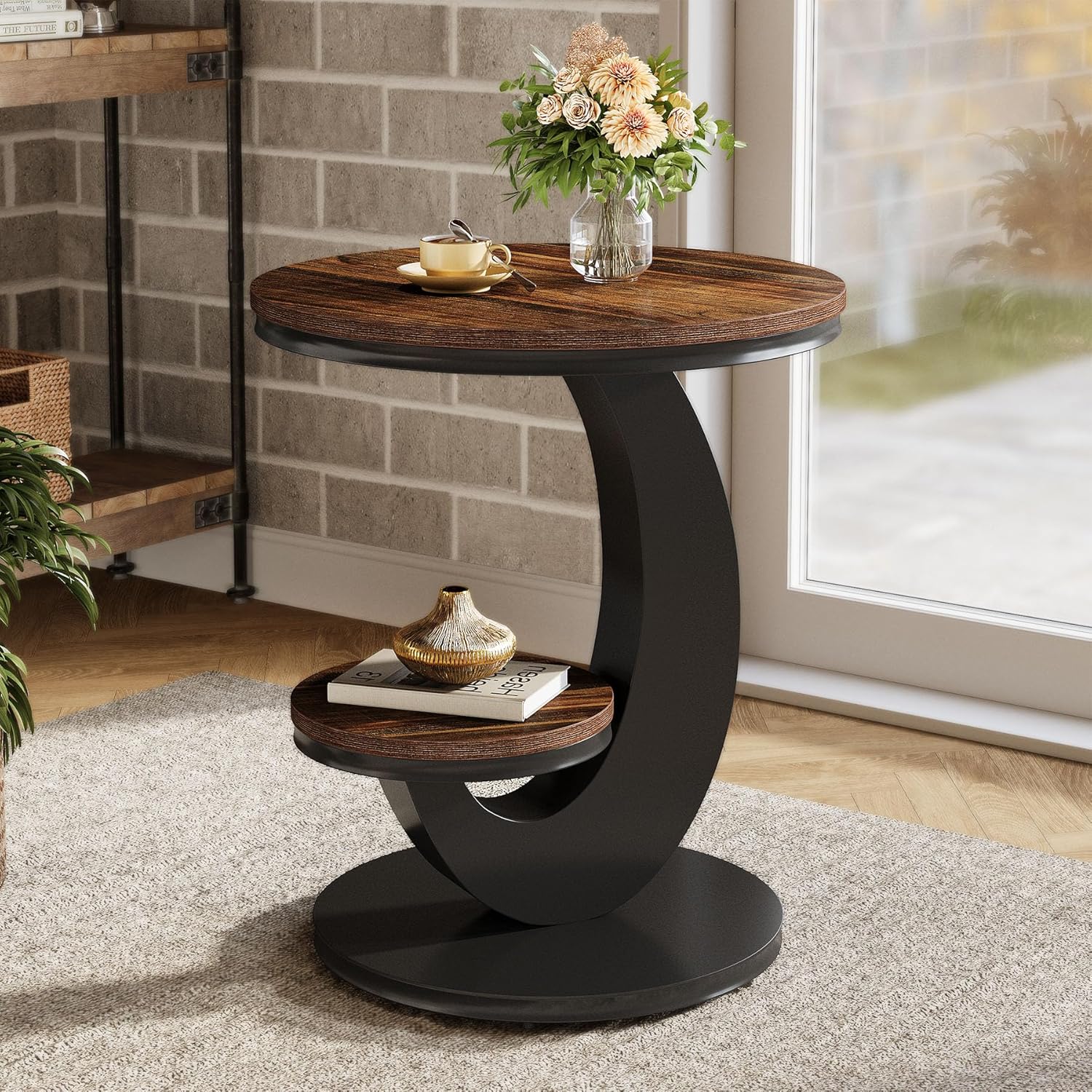 TEMU Table d'appoint ronde avec étagère de rangement à 2 niveaux - Table de chevet et table d'appoint moderne rustique à cadre , table de canapé de