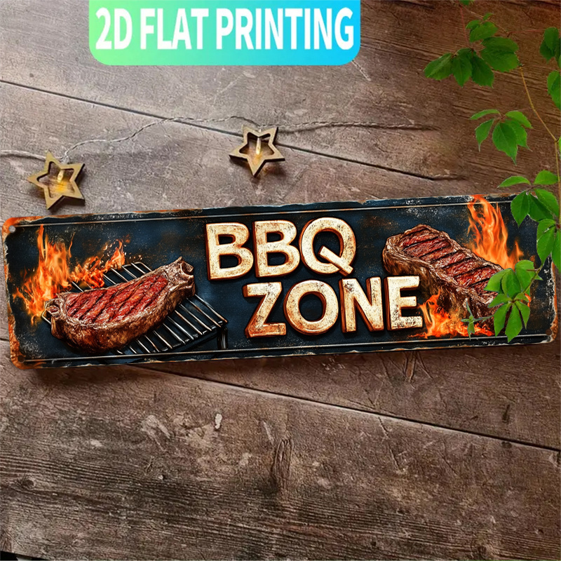 TEMU 2d Flat - 1pc Vintage Bbq Wall Sign | Rustic Outdoor/indoor Decor With Flames Design, Heavy-duty Weatherproof Patio Art For Backyard, Kitchen,
