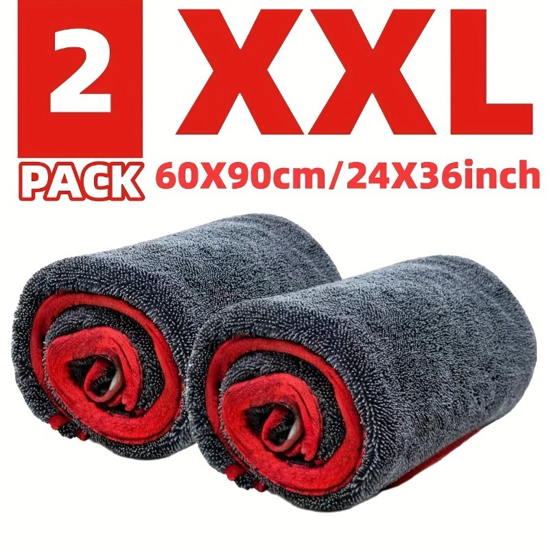 2er-pack, 24x36 zoll 12x12 zoll, übergroße mikrofaser-autotücher, schnelltrocknende tücher, wasserlose schnelltrocknende tücher, autoreinigungsset, twist-loop-design für autotrockentücher – super saugfähige verdickte technologie,   für autos, lkw boote – rot-grau, fahrzeugtrockentuch