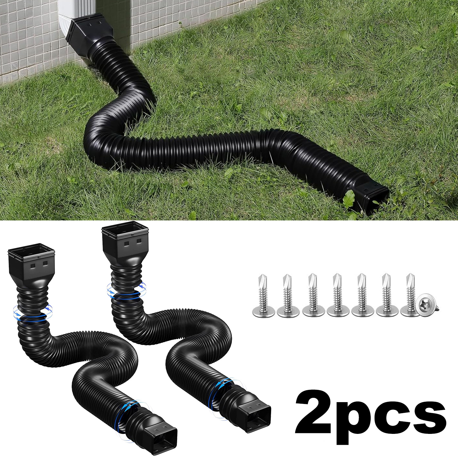 2pcs Expandable Flexible Downspout Extender, 360° Rotatable Rain Gutter Drain Pipe, Outdoor Rainwater Drainage Hose With Mount Screws For
