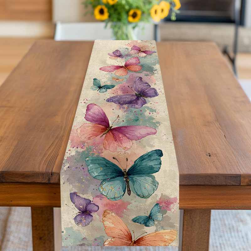 E-shop Tischläufer, Tischdecke, Schmetterlingsmuster-Design mit Aquarellflecken, Pastellfarben, für Frühlingsfest, Muttertag, Vatertag, Geburtstag,