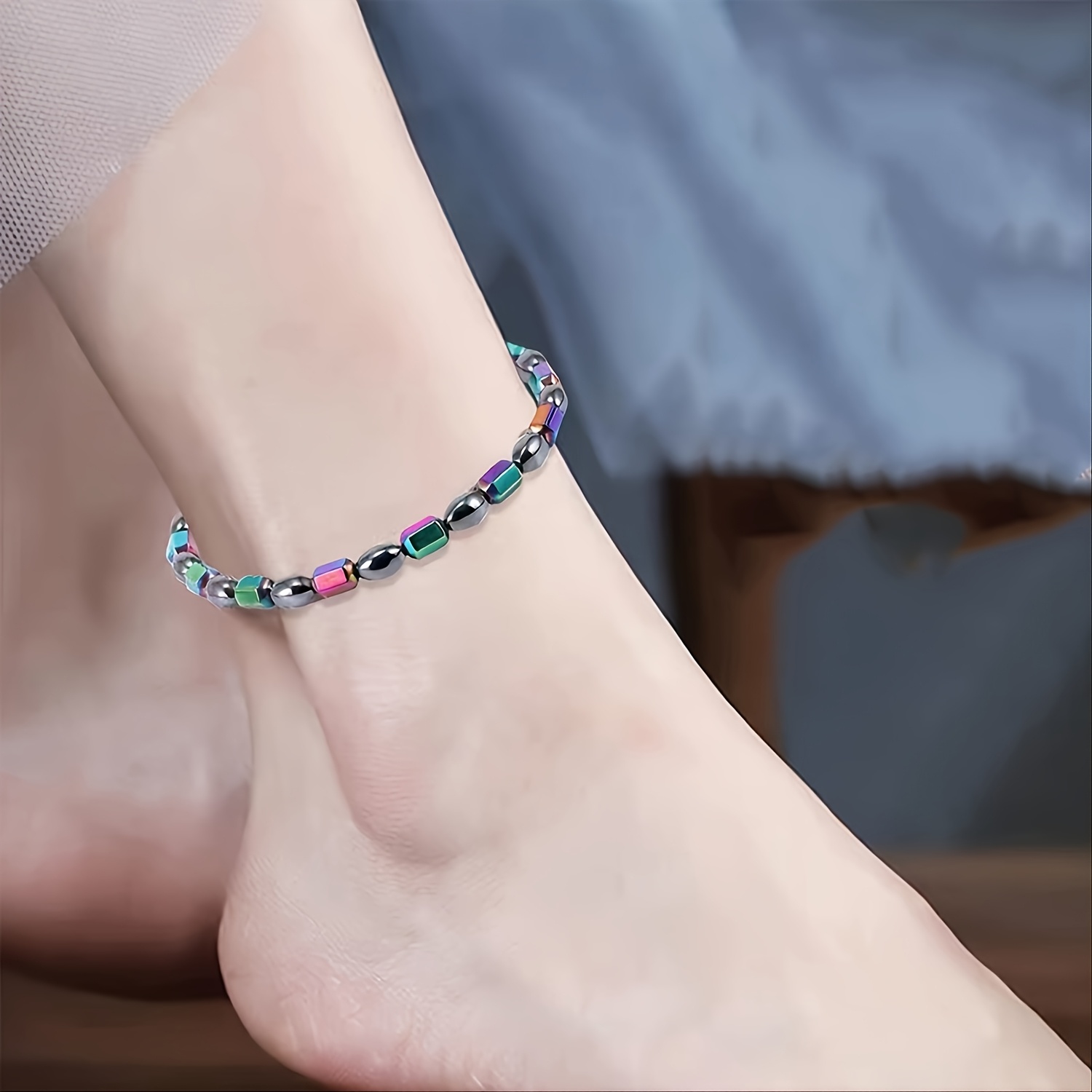 TEMU [bohemian Magnetic Anklets] 1pc Bohemian Style Black Magnetic Anklets | Multi-colored Elasticity, Suitable For Daily Wear