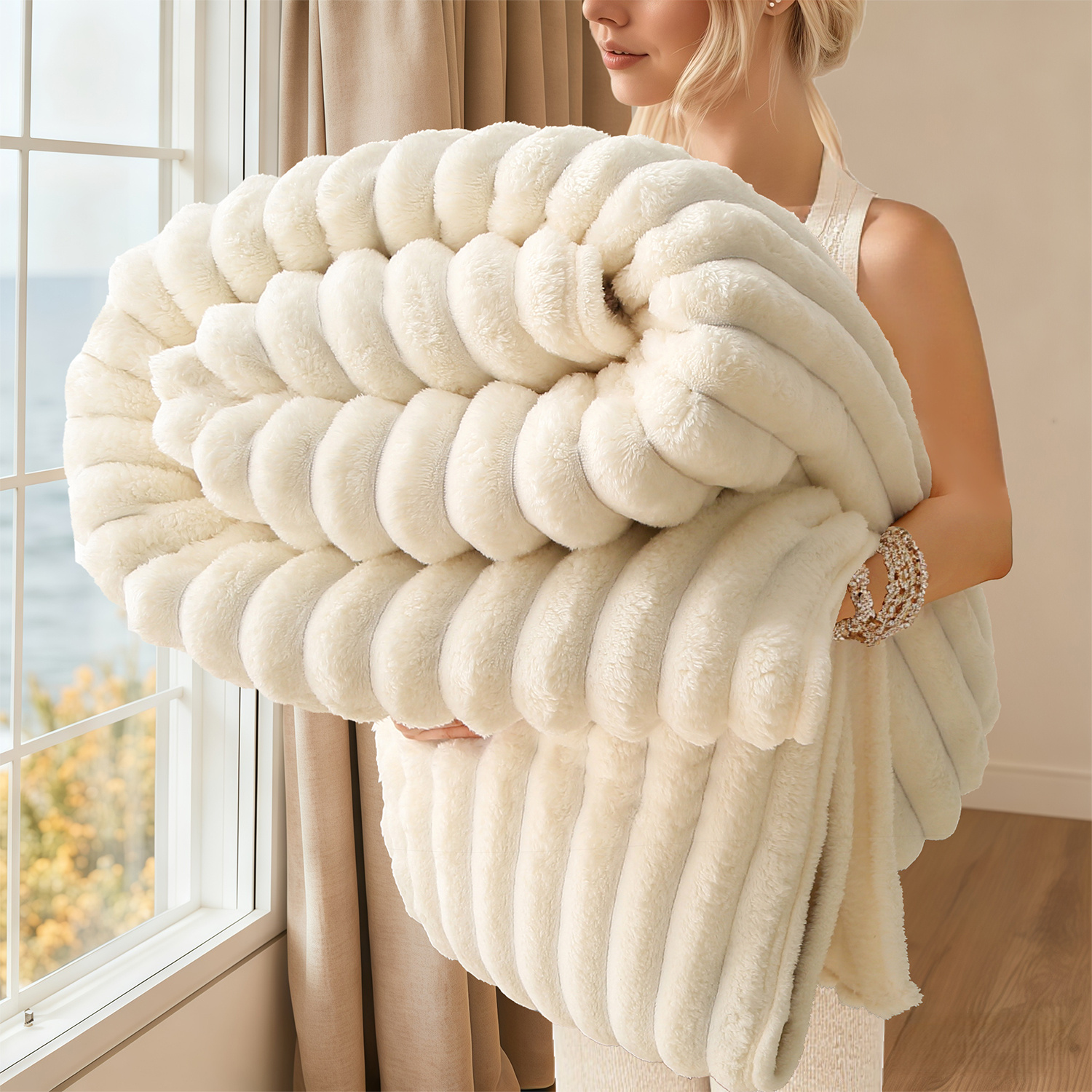 1pc Reversible Faux Rabbit Fur Blanket - Soft Thermal Suitable For Napping, -season Cozy Bedspread For Rooms, Camping & Gifts, Machine Washable Contemporary Warm Throw For,,, Bed Or Couch
