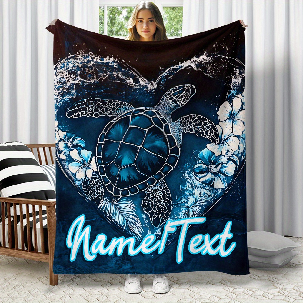 TEMU Custom Blanket With Picture, Personalized Blanket, Soft Flannel Blanket Featuring Ocean And Turtle Patterns, Lightweight Yet Warm, Adorable