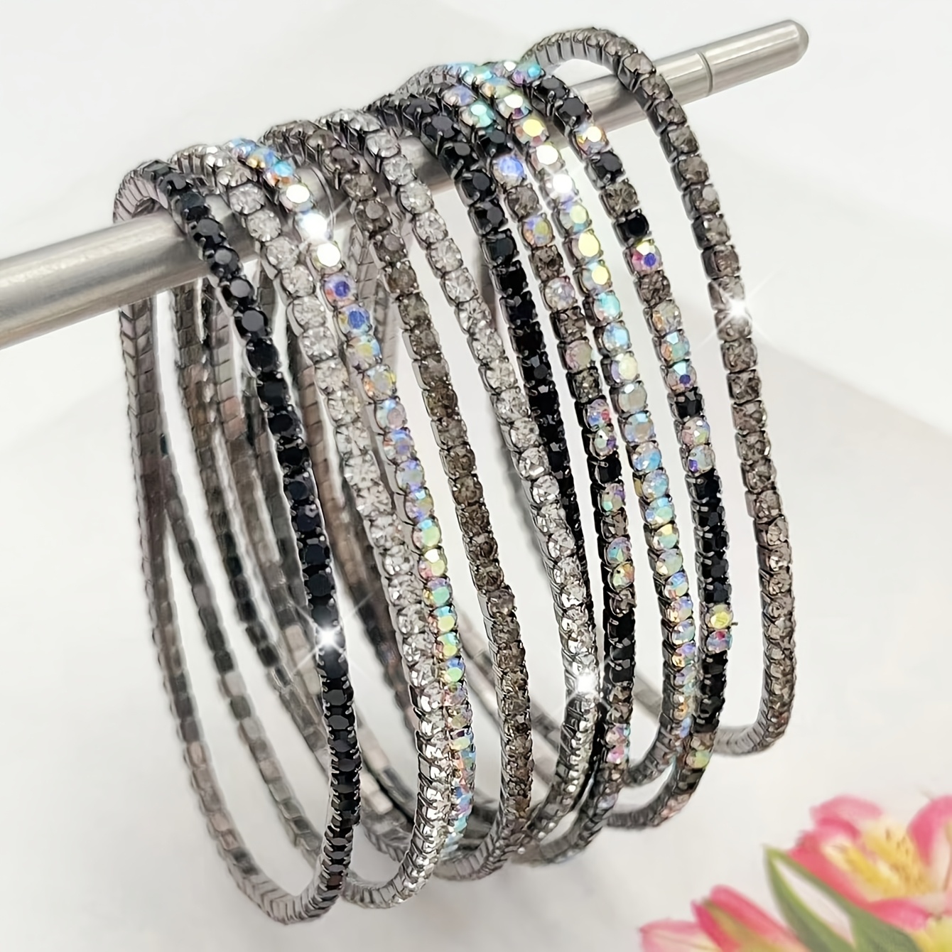 TEMU 10pcs Set Random Color Rhinestone Bracelets, Trendy Black And Gray Style, Decorative Wristbands For Travel, Parties And Daily Wear