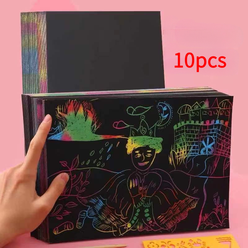 Image of 10pcs, A4 Multicolor Scratch Paper Scratch Game Creative Colored Scratch Paper With Bamboo Sticks