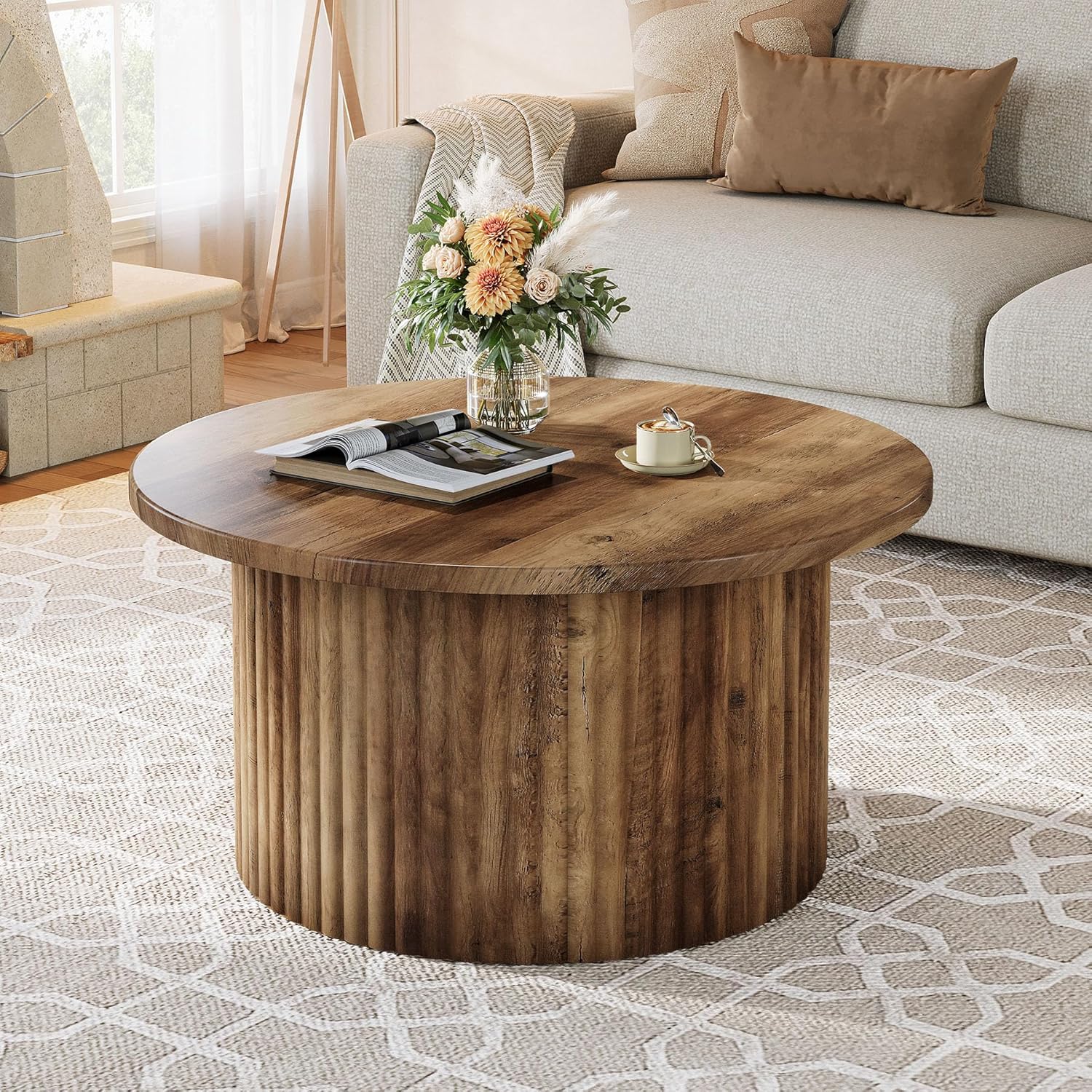 Round Coffee Table, " Farmhouse Circle Center Table With Fluted Drum Base & Wooden Grain Veneer Top, Modern Wooden Accent Cocktail Table For Small Space, Living Room, Apartment