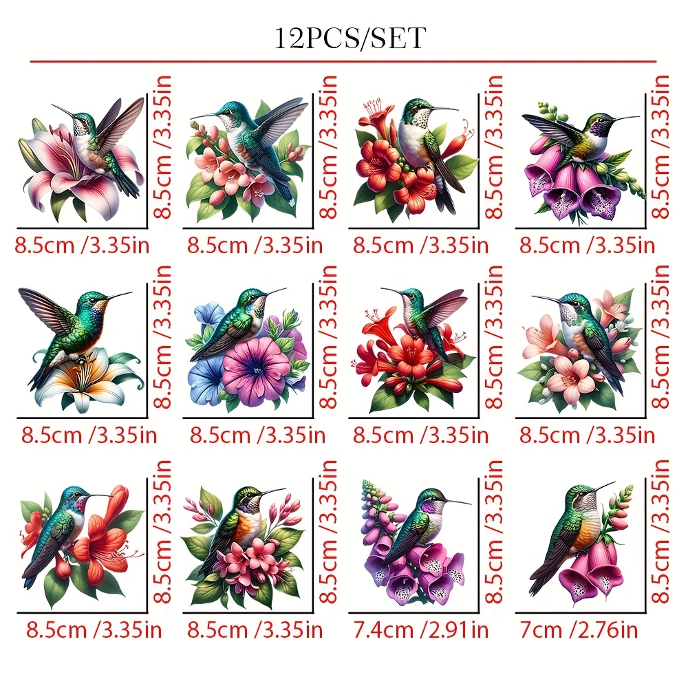TEMU 12pcs Pack Elegant Floral & Hummingbird Iron-on Transfer Patches - Vinyl Diy Fabric Suitable For T-shirts, Jeans, Hoodies - Heat- Stickers,