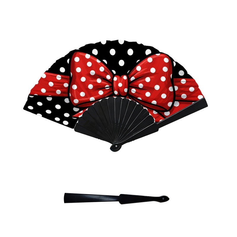 TEMU Women's Polka Handheld Fan, Festive Red Bow With White Polka , 1pc Durable Plastic Fan Skeleton Style, Lightweight Portable Accessory For Daily