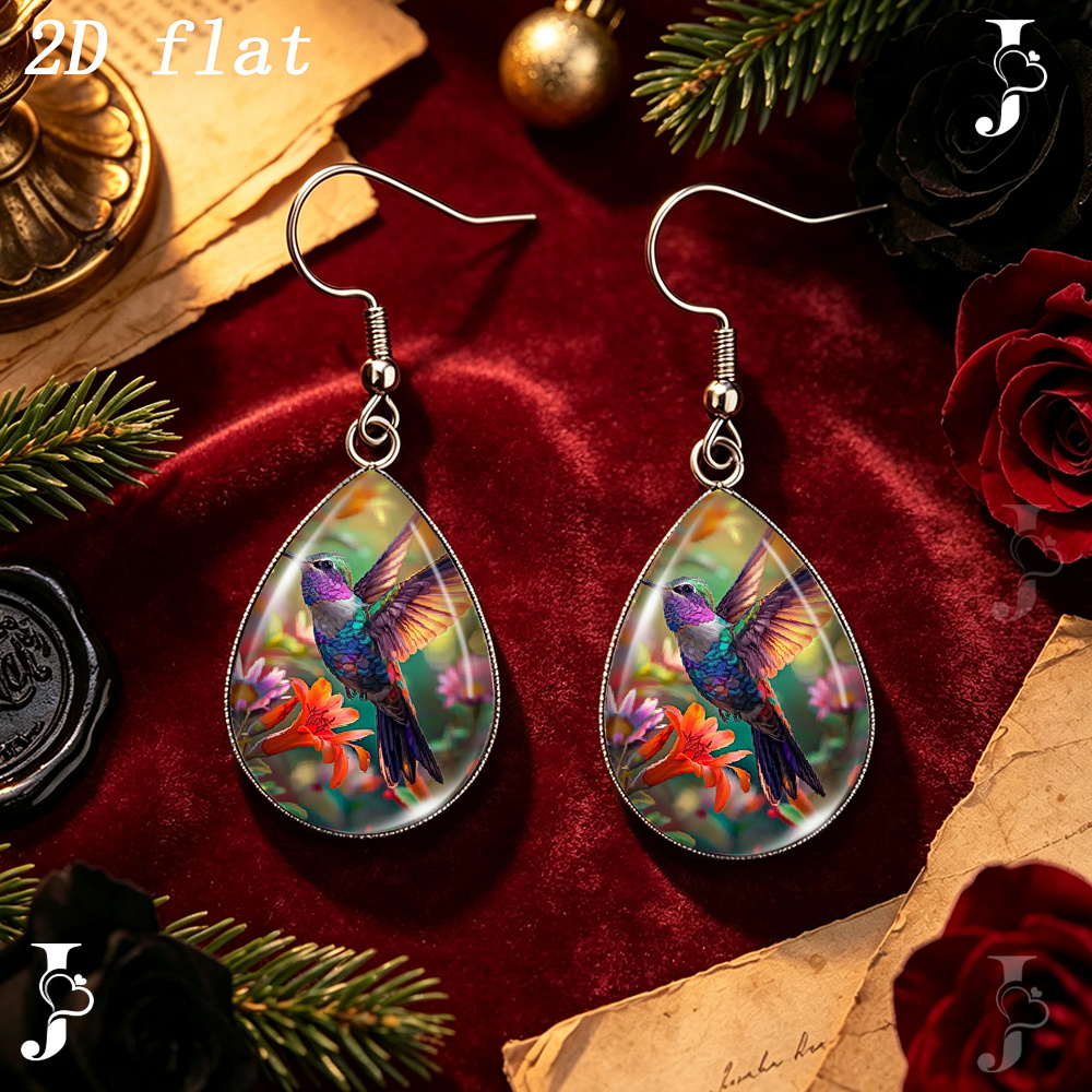 Teardrop Dangle Earrings with Hummingbird Floral Pattern