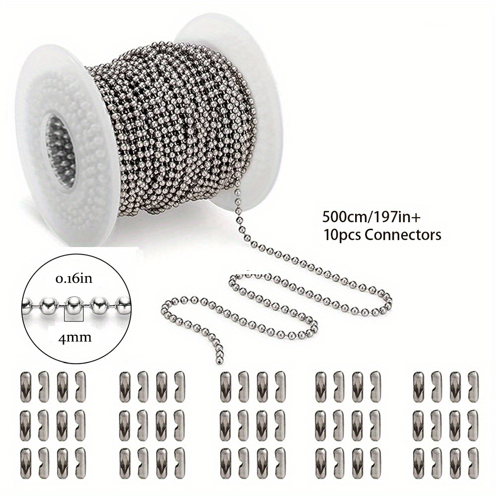 TEMU Kit de collar de cadena de bolas de 2m/5m/10m – Cadena de cuentas metálicas de 0.4cm con 10 conectores y cierres, suministros para hacer joyas