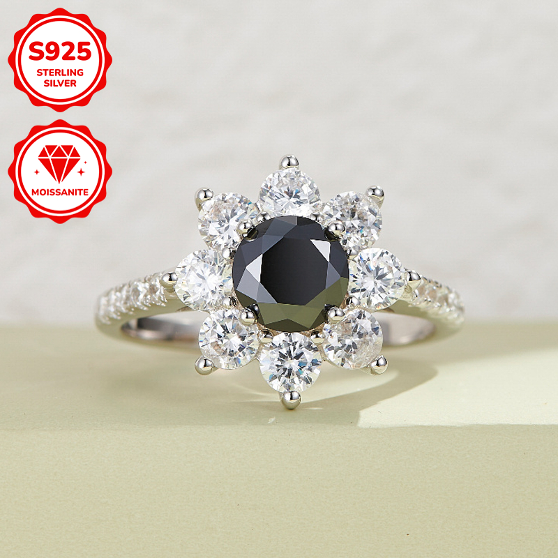 1.0 Carat 925 Silver Sunflower Black Moissanite Engagement Ring