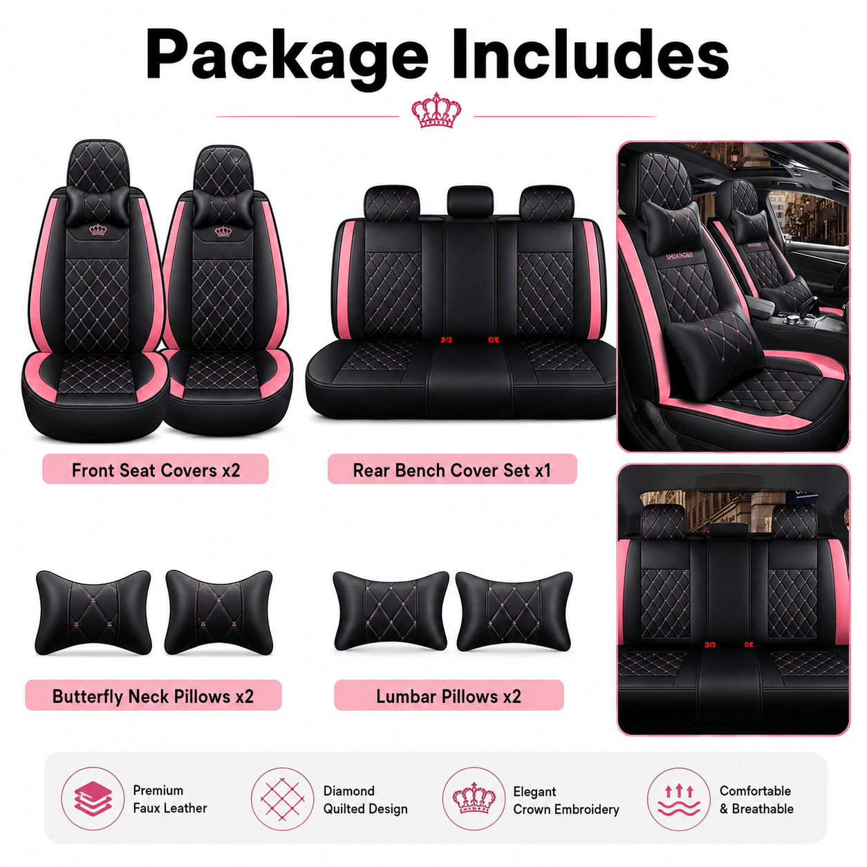 Black Pink Car Seat Covers Full Set For Most 5 Seat Sedans Faux Leather Front And Rear Covers With 2 Headrest Pillows 2 Lumbar Cushions And Diamond Quilted Interior Styling