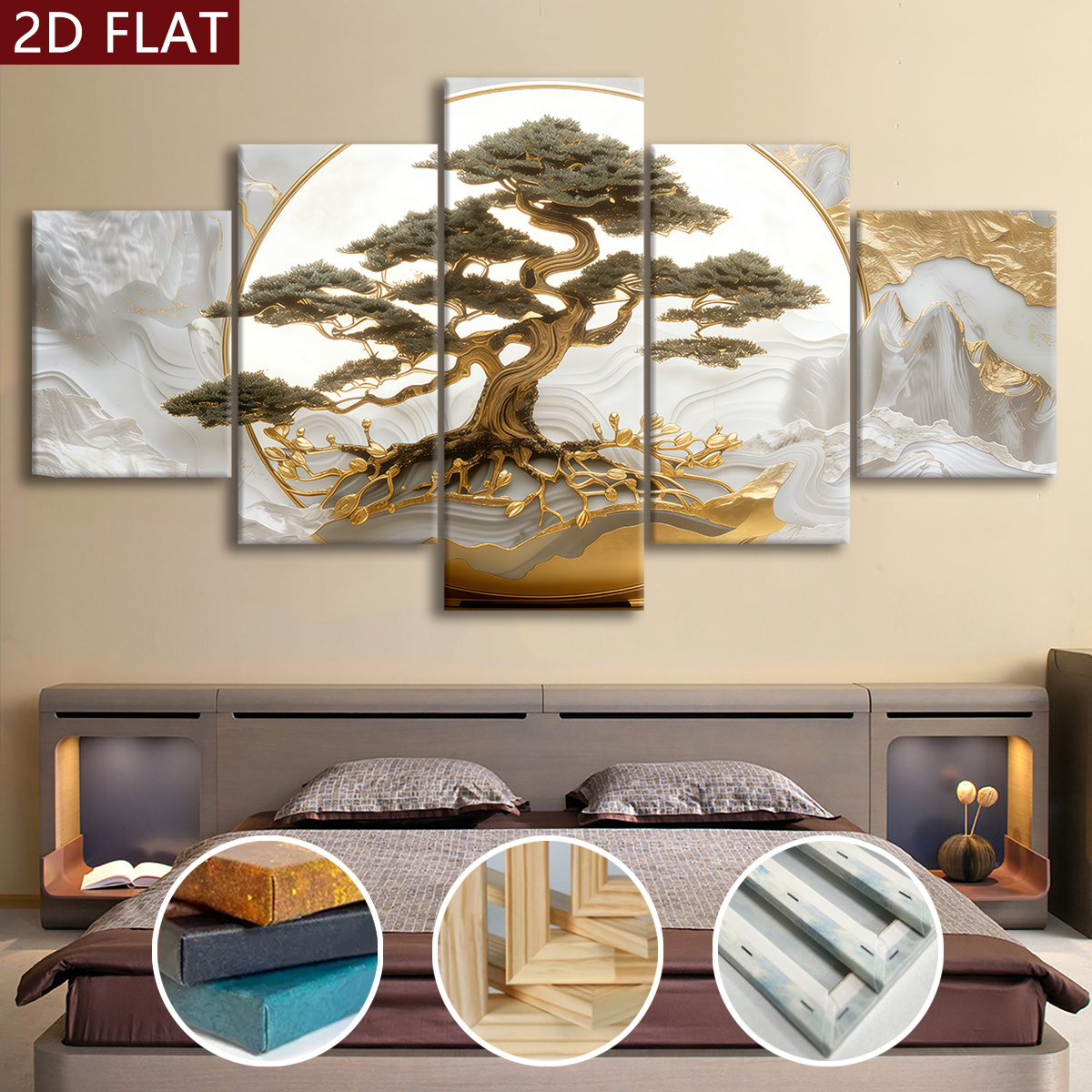 item picture 2d flat 2d flat 5pcs wooden framed canvas painting golden   landscape art home decoration valentines day christmas and new year gift wall decor for living room bedroom office bar restaurant painting hd artwork 2d flat