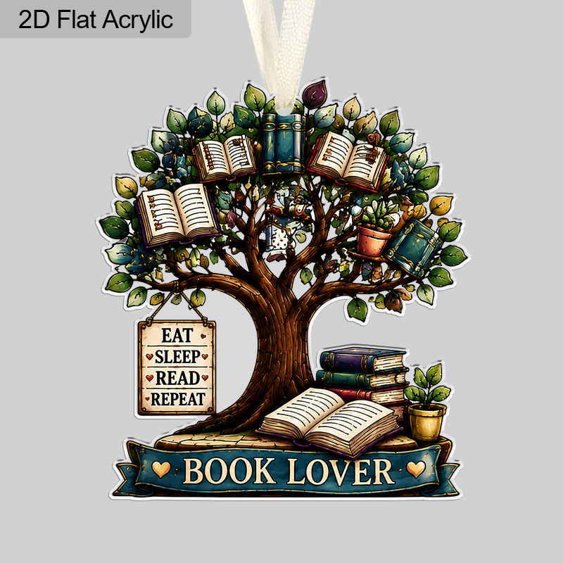 TEMU 2d Flat, 1pc Whimsical Shaped Acrylic Hanging Ornament, Book Lover Read Repeat Book Pattern Hanging Pendant, Christmas Tree Decor, Xmas Gift For